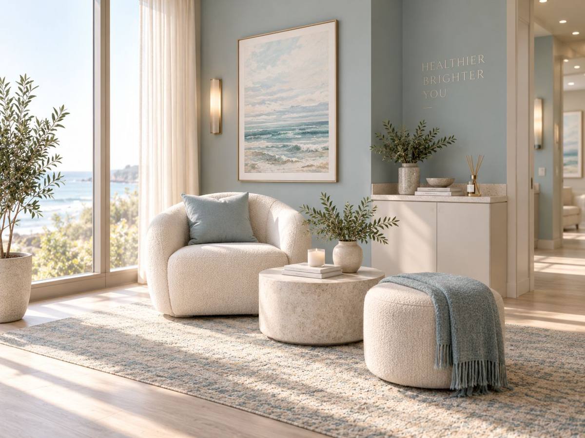 woman seated in the suite, calm, warm light, wide crop