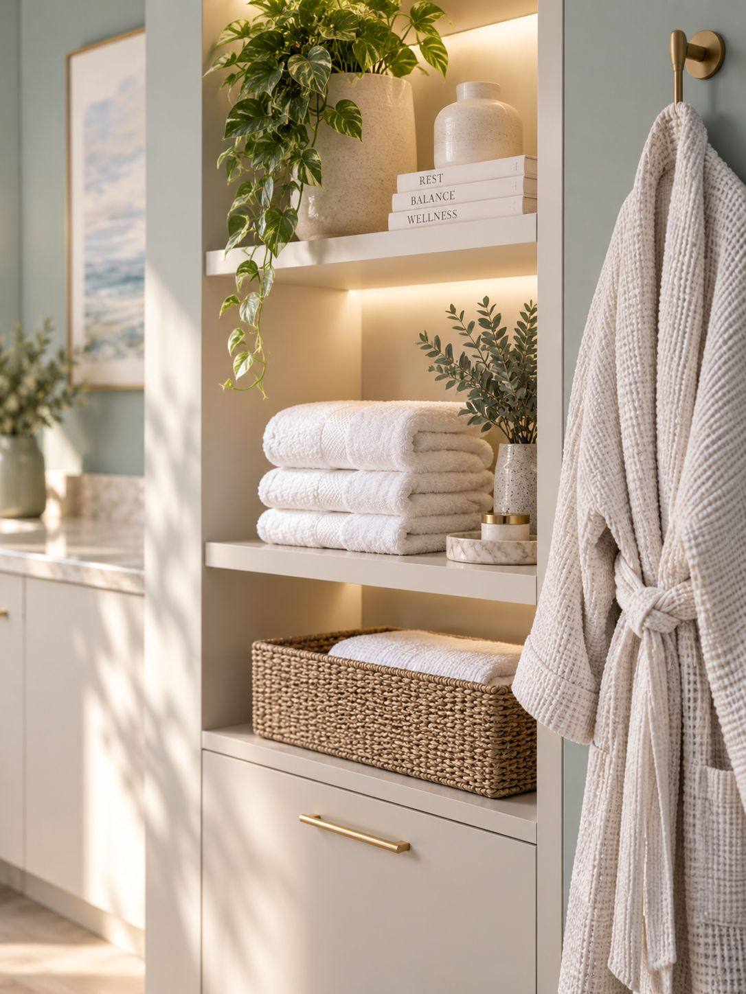 flat lay, robe, towel, tea, appointment card, top down