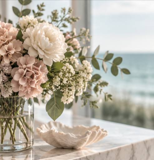 flowers by the window, ocean beyond