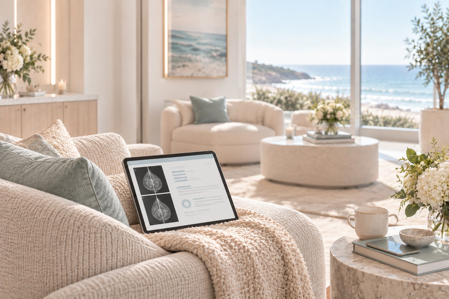 report on a tablet in the lounge, ocean beyond