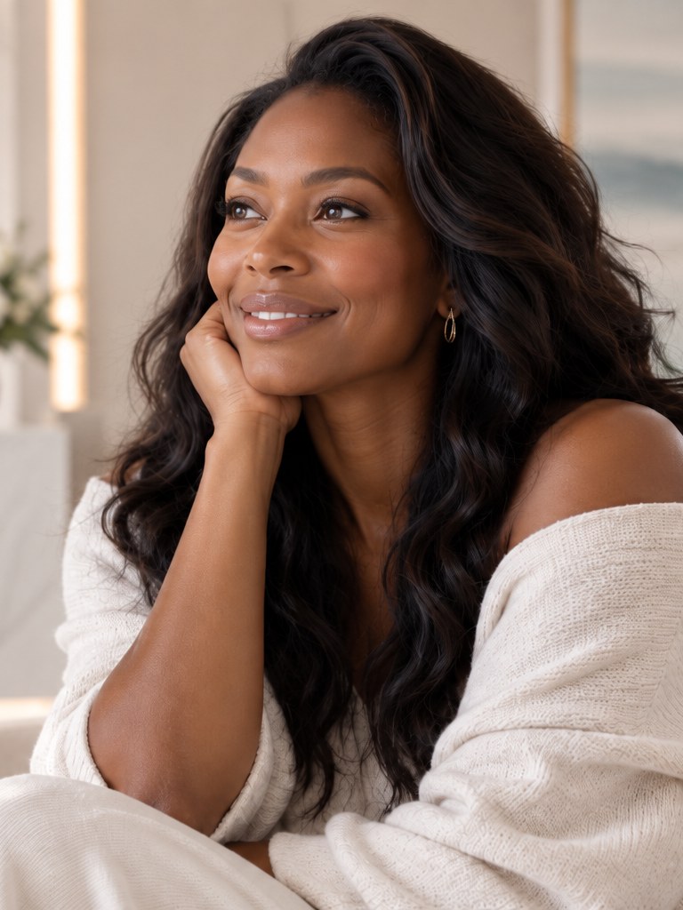 woman at ease in the lounge, off-shoulder knit