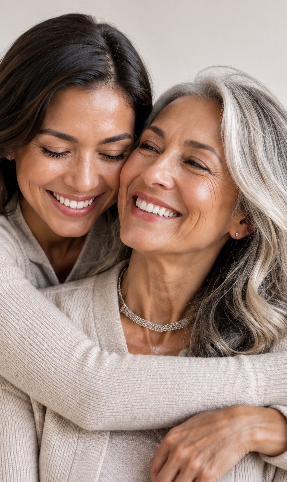 mother and daughter embracing, close