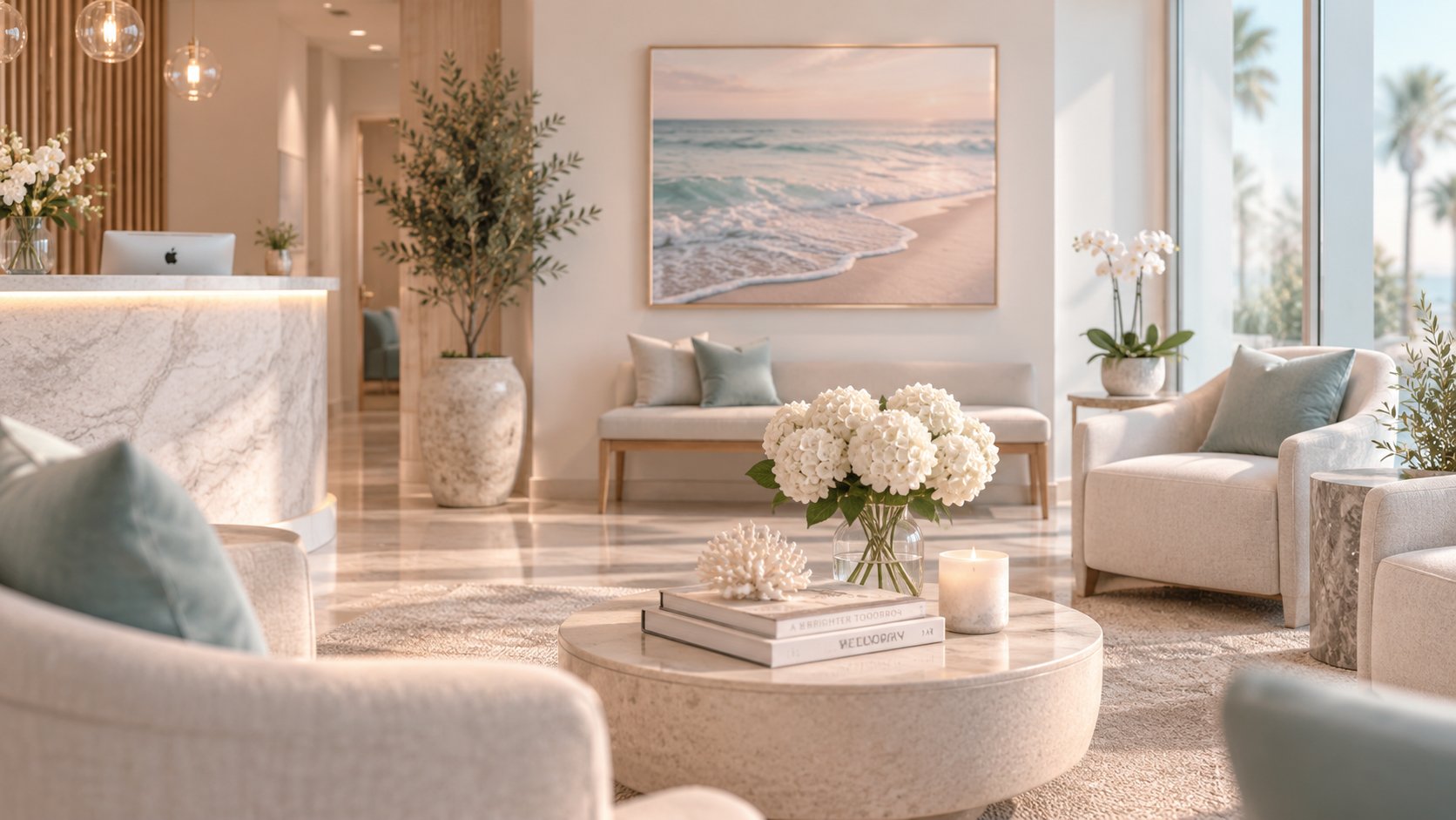 the waiting lounge, hydrangeas and sea art