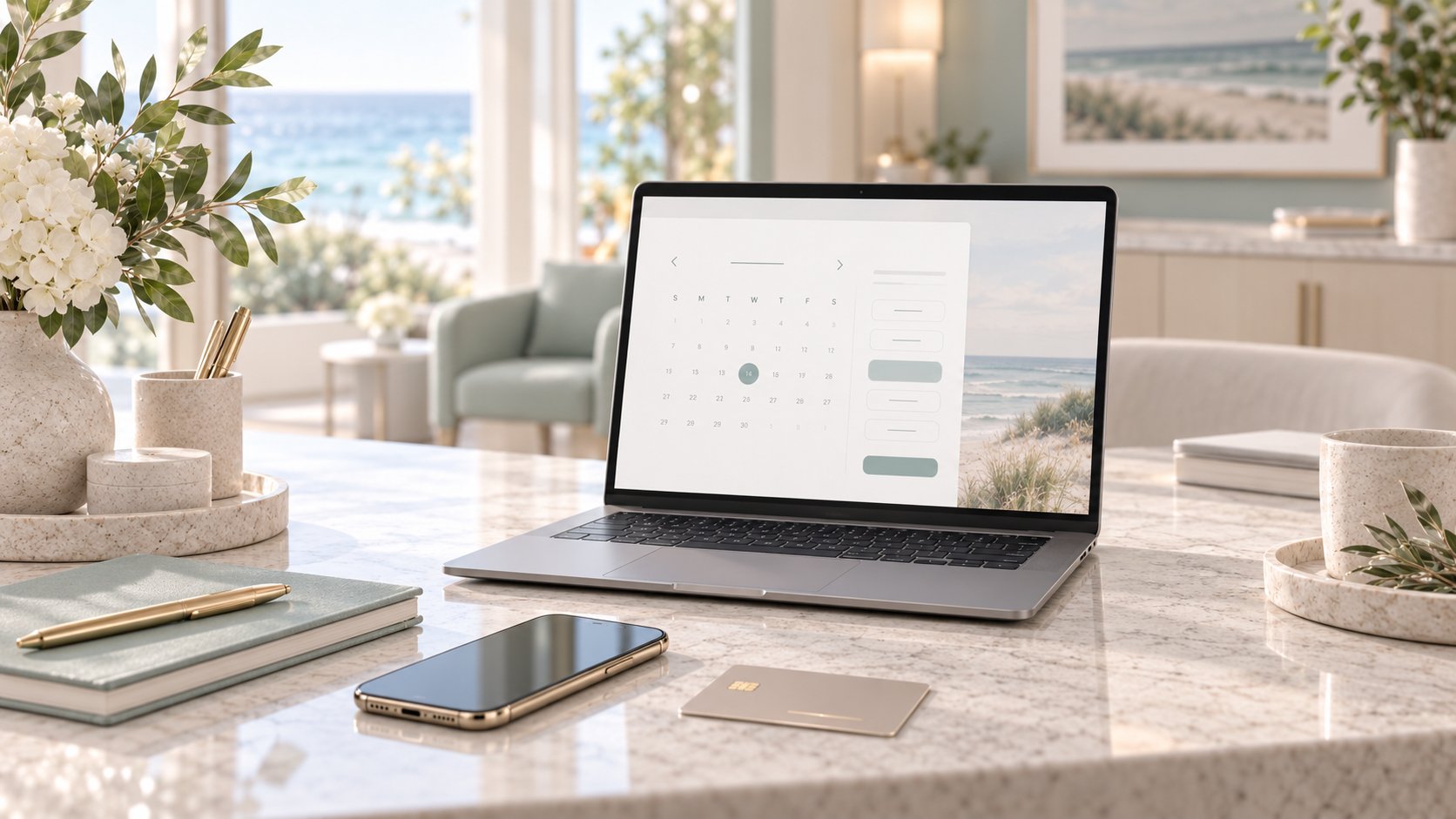 booking on a laptop at the marble counter