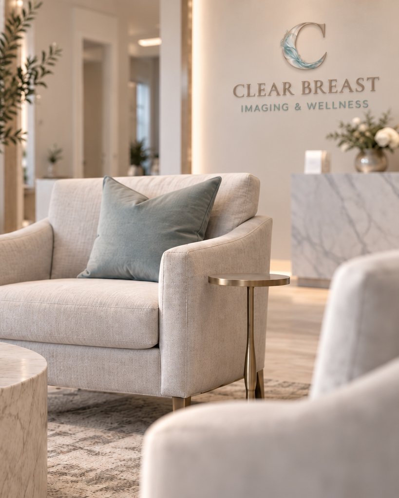 the lounge beneath the Clear Breast wall logo